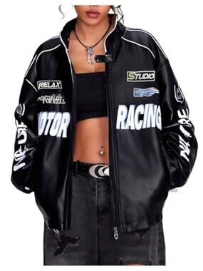 Faux Leather Graphic Moto Racer Jacket Oversized Streetwear Coat